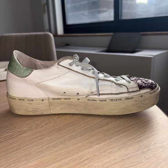 Golden Goose Hi Star White Leather Sneakers with Purple Glitter and Black Star - Picture 9 of 15